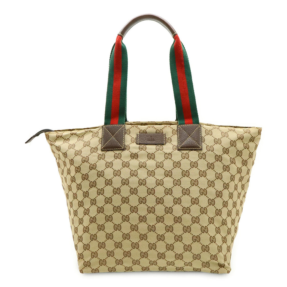 Gucci GG Canvas Sherry Tote Bag Shoulder Leather Beige Cream Dark Brown